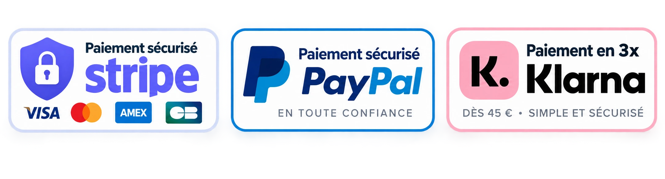 Paiement sécurisé avec Stripe et PayPal, paiement en 3 fois avec Klarna dès 45 euros